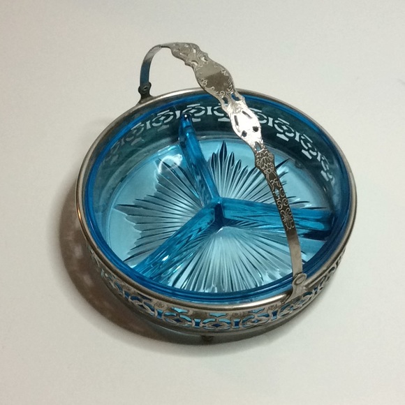 Other - 3 Divided Blue Dish with handled Silver Holder